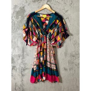 Maeve Anthropologie Boho Geo‎ Print Dress Multicolor V-Neck Flowy Size 2 No Slip